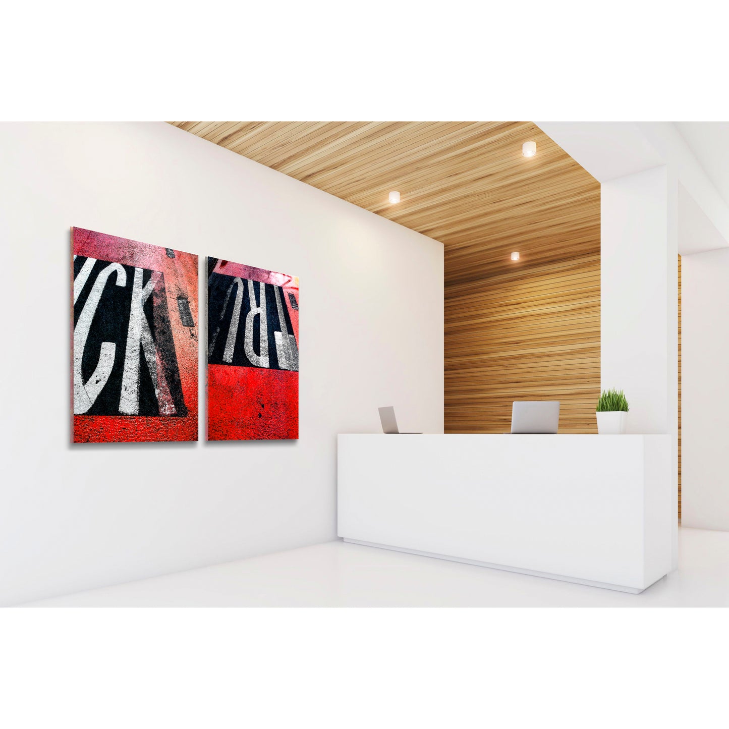 Abstract photograph diptych of red road markings