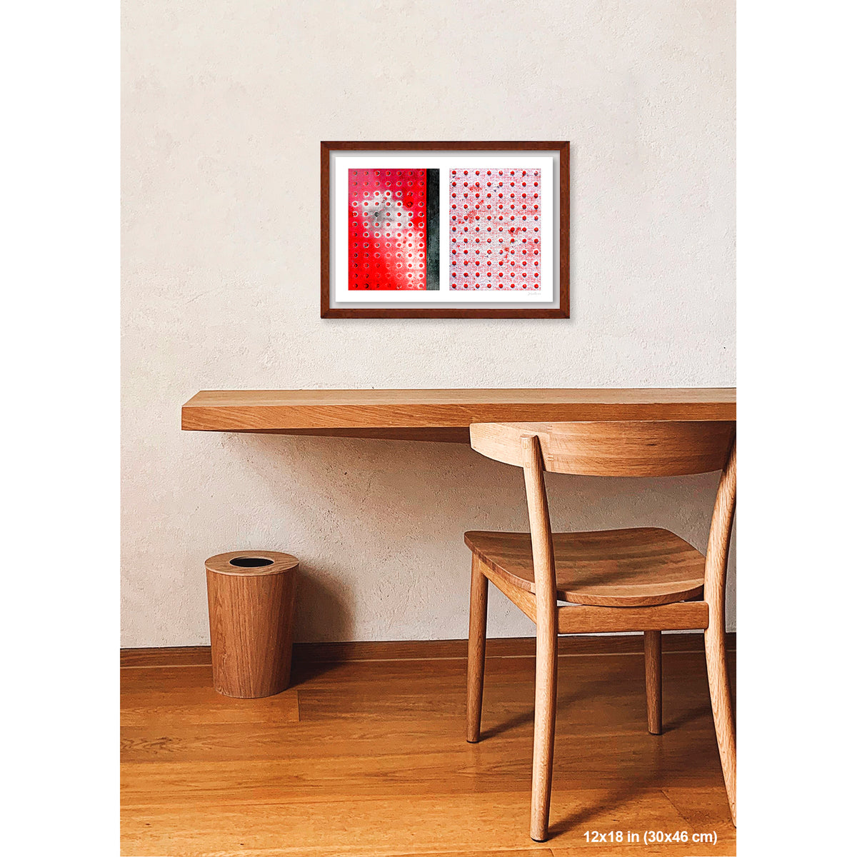 Red Dots Abstract artwork by Susan Bowen, shown as 12x18 framed print. Features red truncated-dome tactile paving panels — one vivid, one snow-dusted — paired in a graphic, textural abstract diptych.