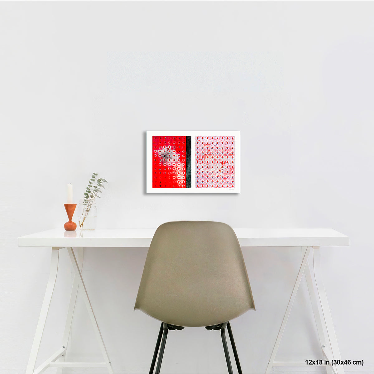 Red Dots Abstract artwork by Susan Bowen, shown as 12x18 print. Features red truncated-dome tactile paving panels — one vivid, one snow-dusted — paired in a graphic, textural abstract diptych.