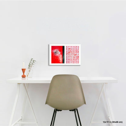 Red Dots Abstract artwork by Susan Bowen, shown as 12x18 print. Features red truncated-dome tactile paving panels — one vivid, one snow-dusted — paired in a graphic, textural abstract diptych.