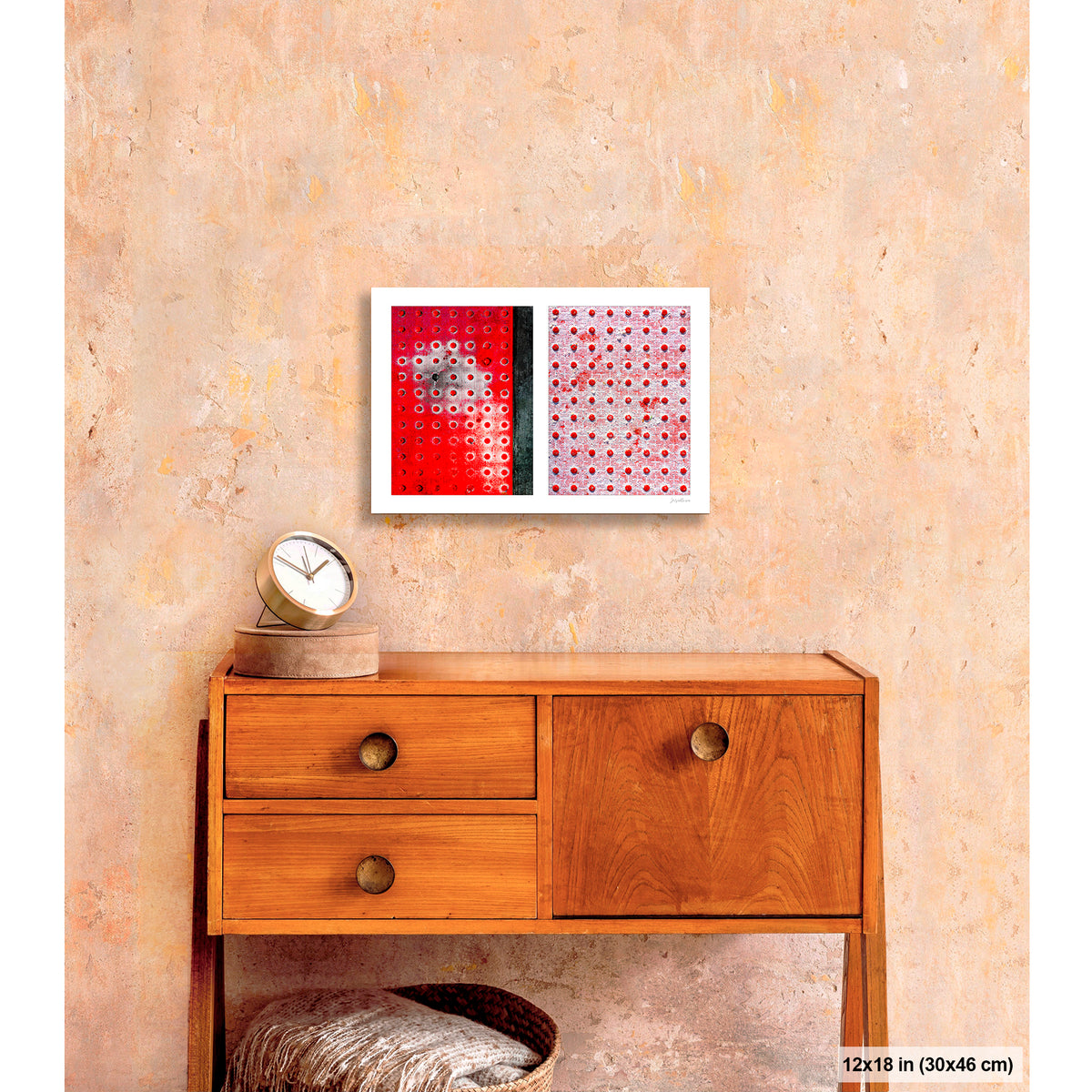 Red Dots Abstract artwork by Susan Bowen, shown as 12x18 print. Features red truncated-dome tactile paving panels — one vivid, one snow-dusted — paired in a graphic, textural abstract diptych.