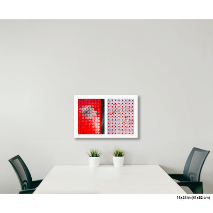 Red Dots Abstract artwork by Susan Bowen, shown as 16x24 print. Features red truncated-dome tactile paving panels — one vivid, one snow-dusted — paired in a graphic, textural abstract diptych.