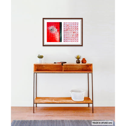 Red Dots Abstract artwork by Susan Bowen, shown as 16x24 framed print. Features red truncated-dome tactile paving panels — one vivid, one snow-dusted — paired in a graphic, textural abstract diptych.