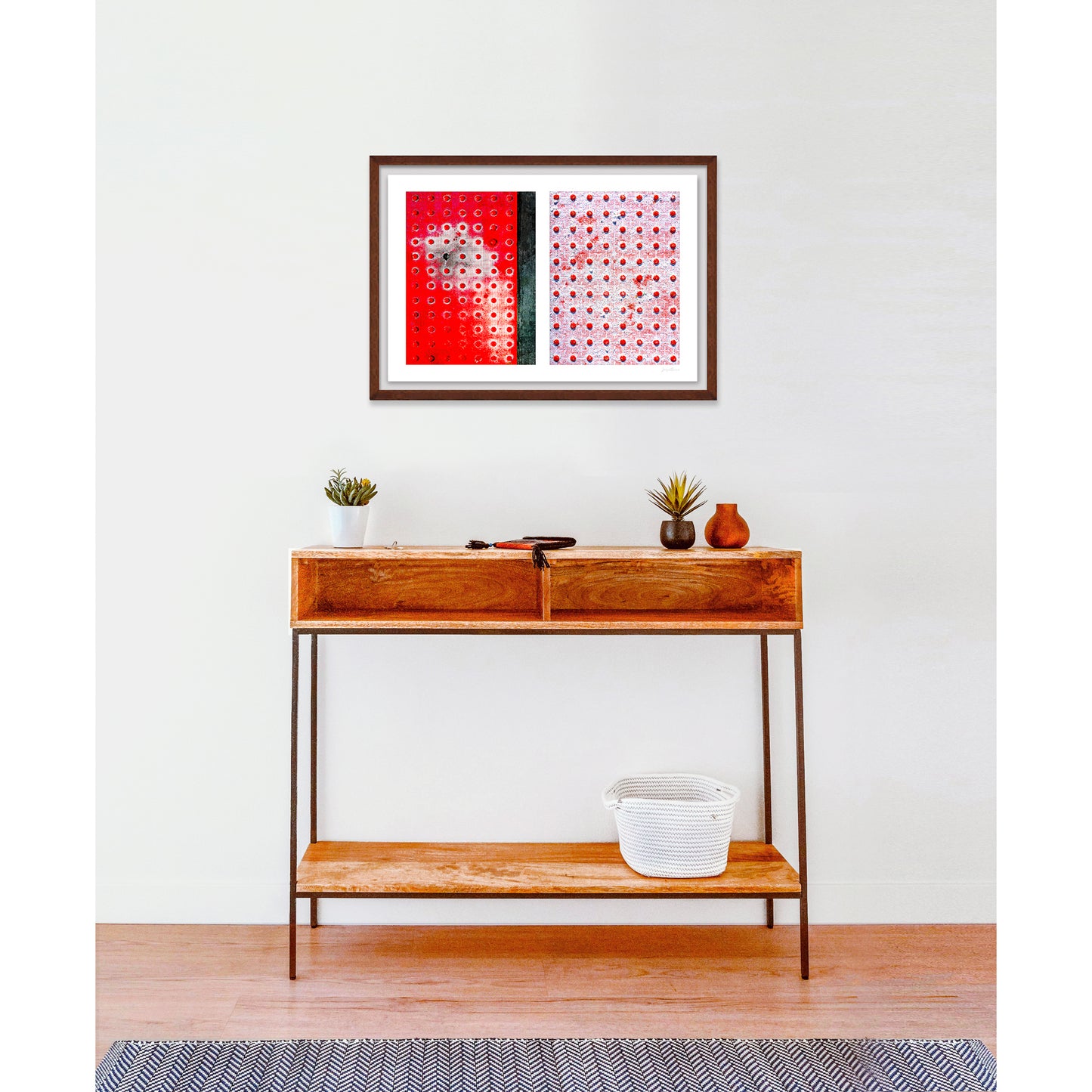 Abstract photograph diptych of red pedestrian safety dots