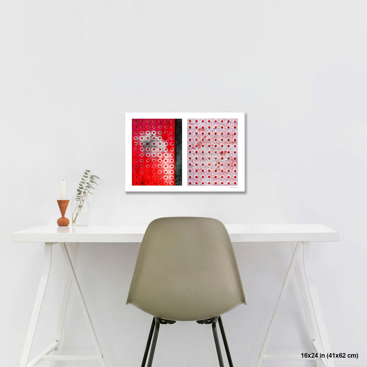 Red Dots Abstract artwork by Susan Bowen, shown as 16x24 print. Features red truncated-dome tactile paving panels — one vivid, one snow-dusted — paired in a graphic, textural abstract diptych.