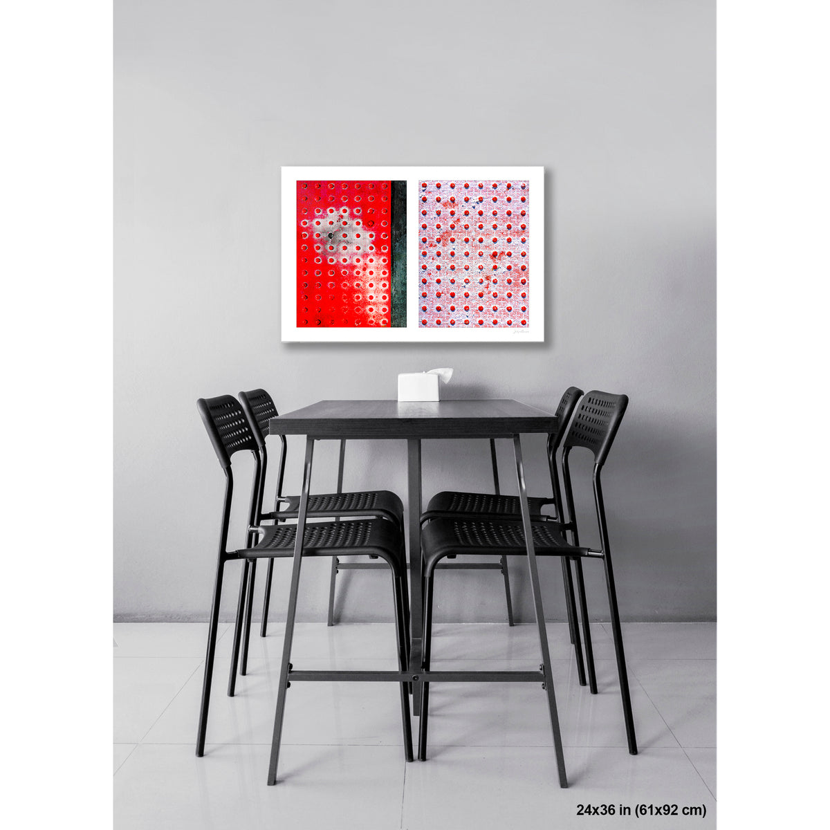 Red Dots Abstract artwork by Susan Bowen, shown as 24x36 print. Features red truncated-dome tactile paving panels — one vivid, one snow-dusted — paired in a graphic, textural abstract diptych.