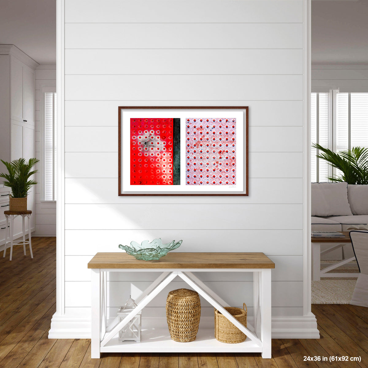 Red Dots Abstract artwork by Susan Bowen, shown as 24x36 framed print. Features red truncated-dome tactile paving panels — one vivid, one snow-dusted — paired in a graphic, textural abstract diptych.