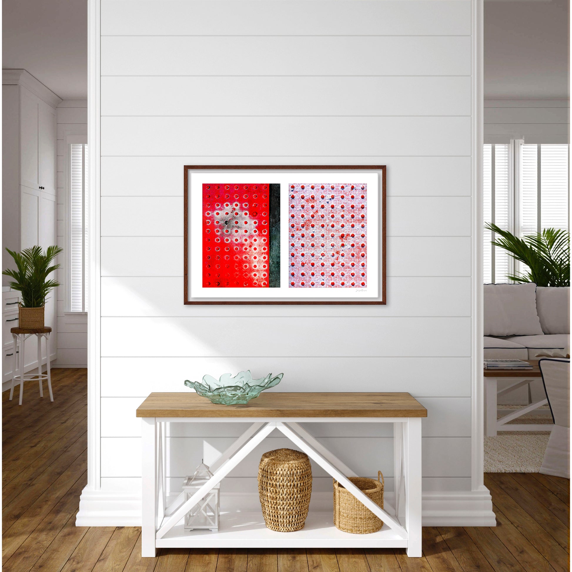 Abstract photograph diptych of red pedestrian safety dots