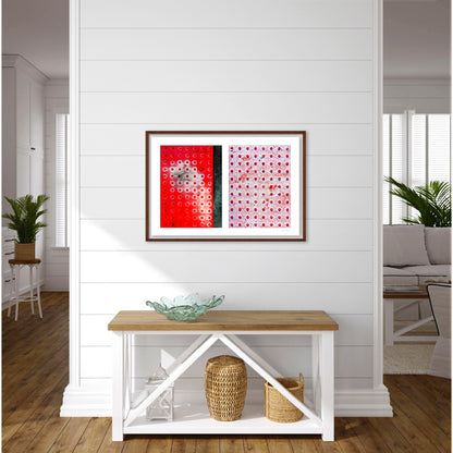 Abstract photograph diptych of red pedestrian safety dots