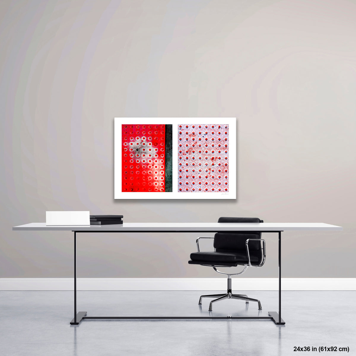 Red Dots Abstract artwork by Susan Bowen, shown as 24x36 print. Features red truncated-dome tactile paving panels — one vivid, one snow-dusted — paired in a graphic, textural abstract diptych.