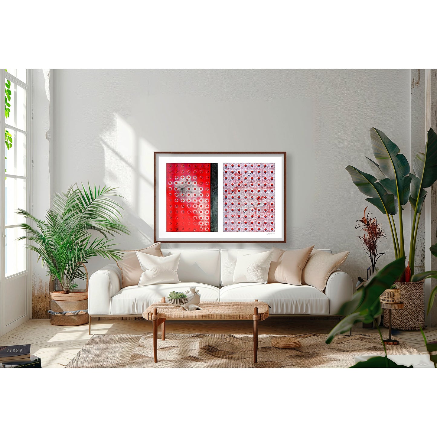 Abstract photograph diptych of red pedestrian safety dots