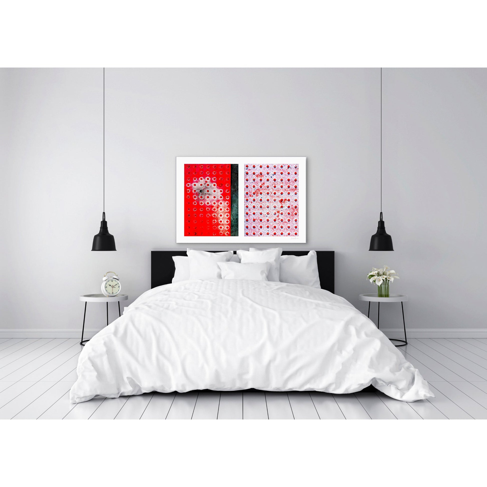 Abstract photograph diptych of red pedestrian safety dots