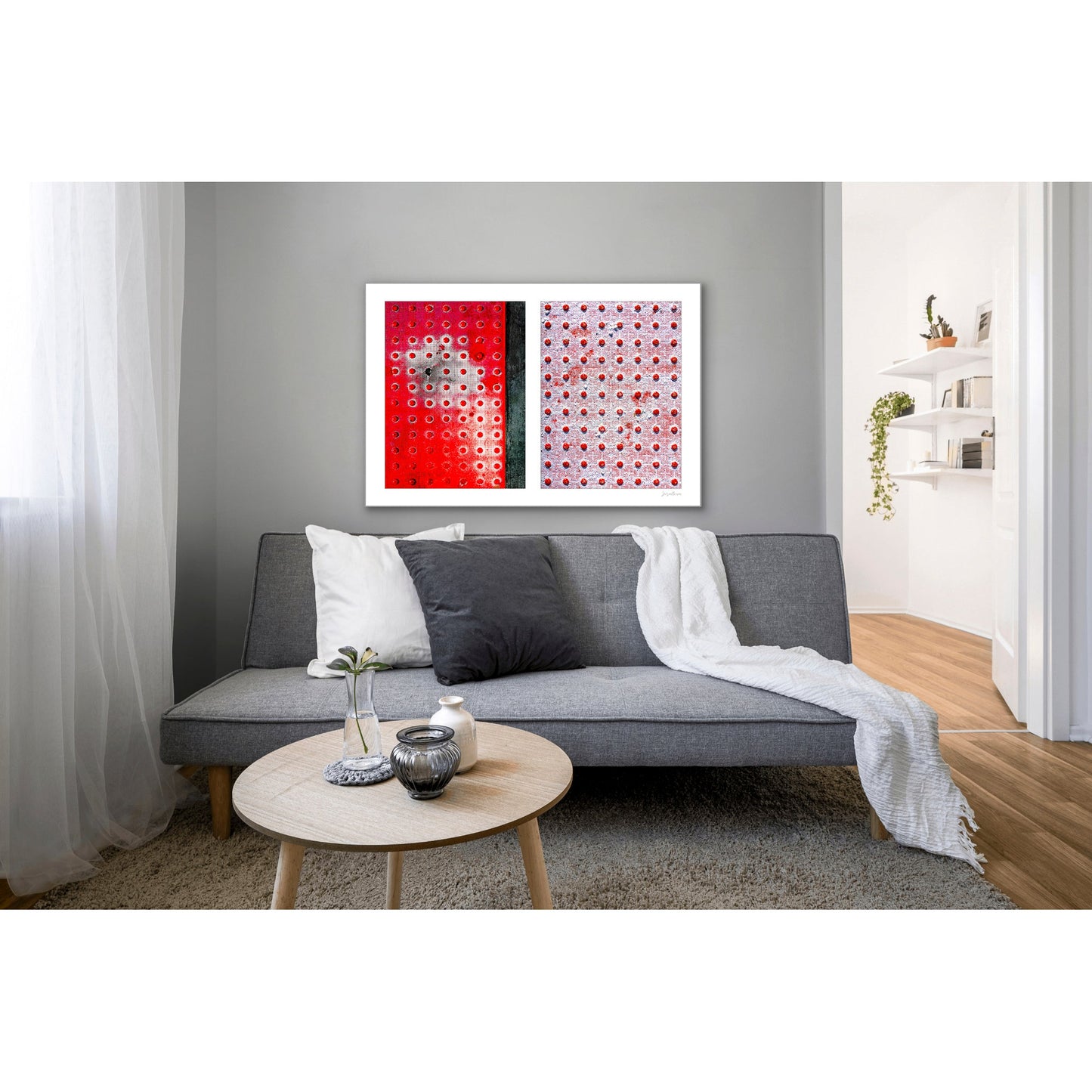 Abstract photograph diptych of red pedestrian safety dots
