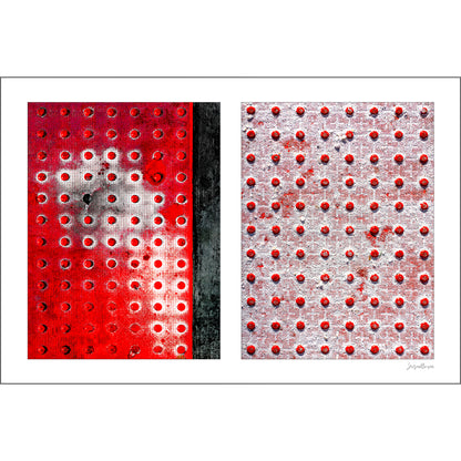 Red Dots Abstract artwork by Susan Bowen. Features red truncated-dome tactile paving panels — one vivid, one snow-dusted — paired in a graphic, textural abstract diptych.