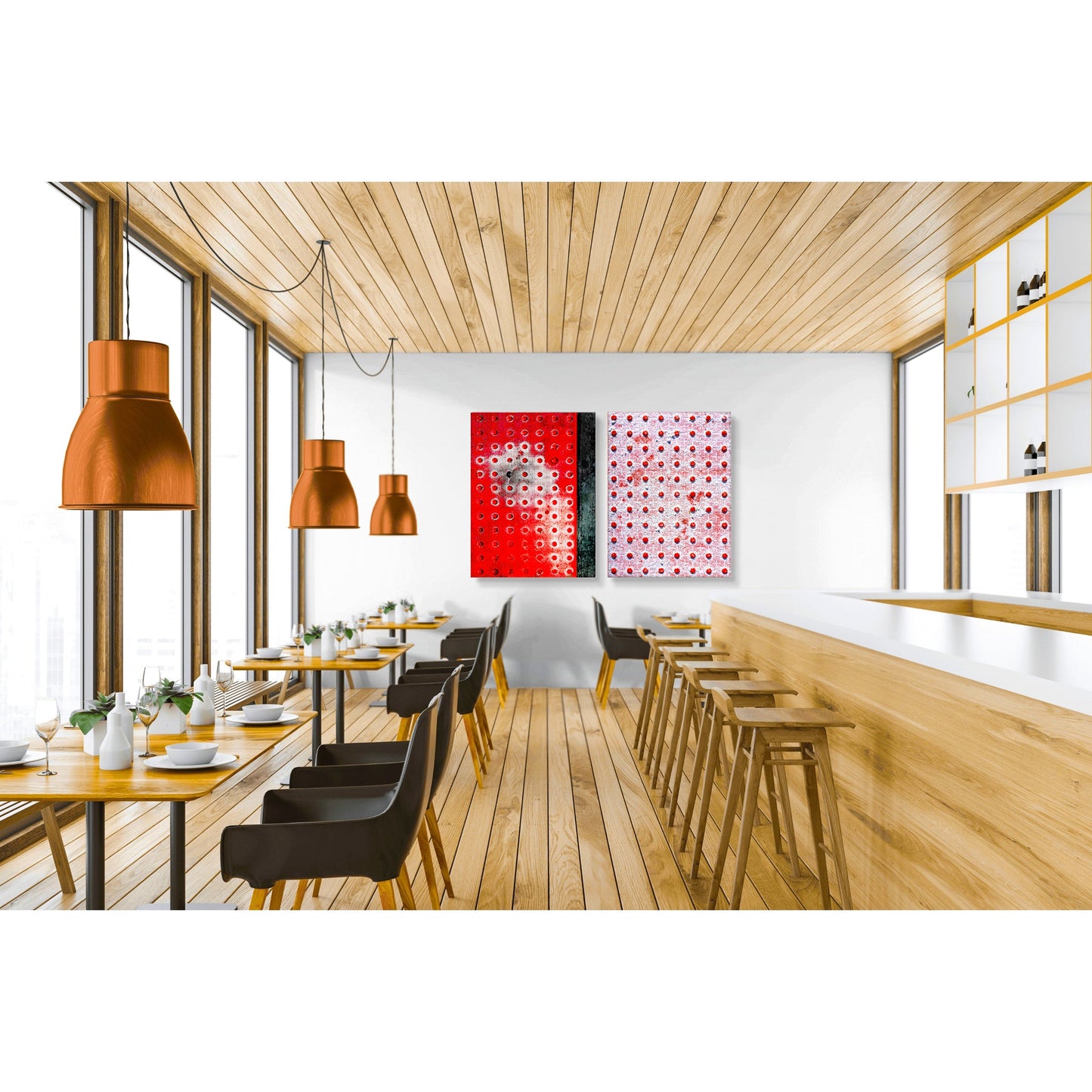 Abstract photograph diptych of red pedestrian safety dots