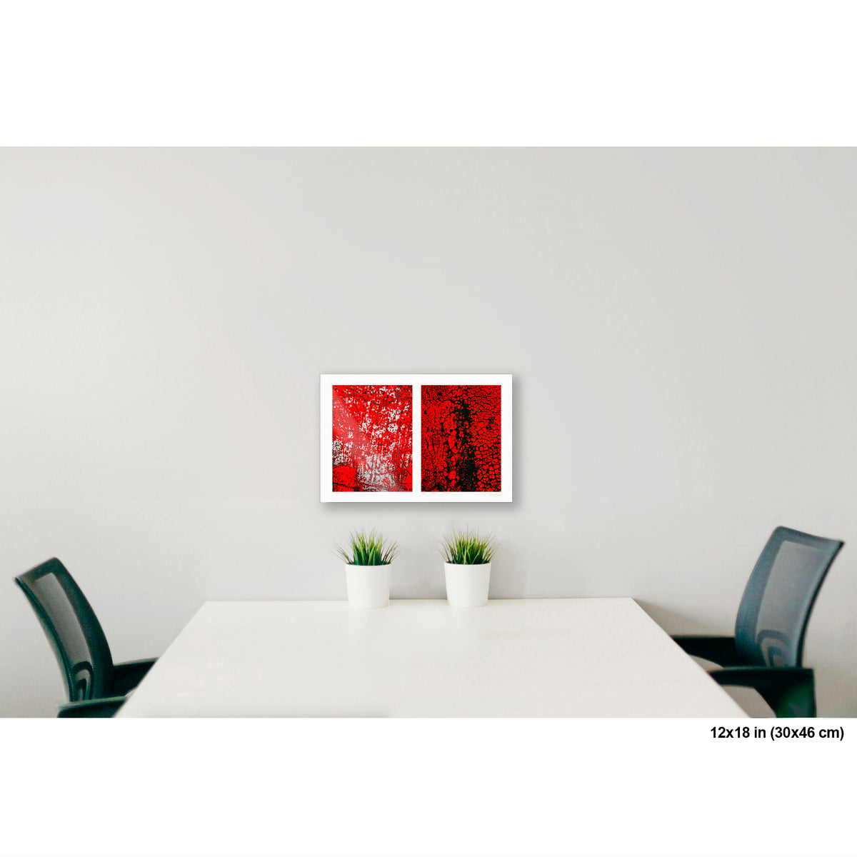 Crackles and Scrapes artwork by Susan Bowen, shown as 12x18 print. Features scratched steel road plate meets cracked and cratered bus lane paint in this intense red-and-black abstract street diptych.