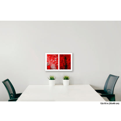 Crackles and Scrapes artwork by Susan Bowen, shown as 12x18 print. Features scratched steel road plate meets cracked and cratered bus lane paint in this intense red-and-black abstract street diptych.