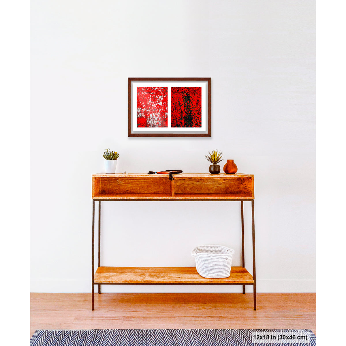 Crackles and Scrapes artwork by Susan Bowen, shown as 12x18 framed print. Features scratched steel road plate meets cracked and cratered bus lane paint in this intense red-and-black abstract street diptych.