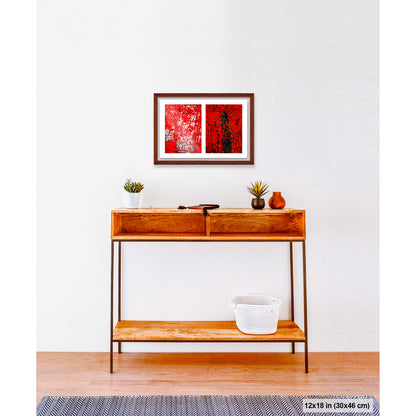 Crackles and Scrapes artwork by Susan Bowen, shown as 12x18 framed print. Features scratched steel road plate meets cracked and cratered bus lane paint in this intense red-and-black abstract street diptych.