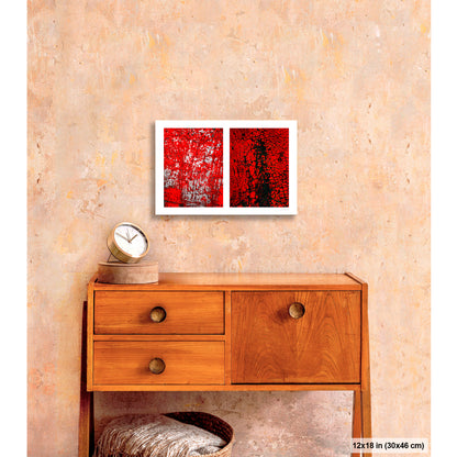 Crackles and Scrapes artwork by Susan Bowen, shown as 12x18 print. Features scratched steel road plate meets cracked and cratered bus lane paint in this intense red-and-black abstract street diptych.