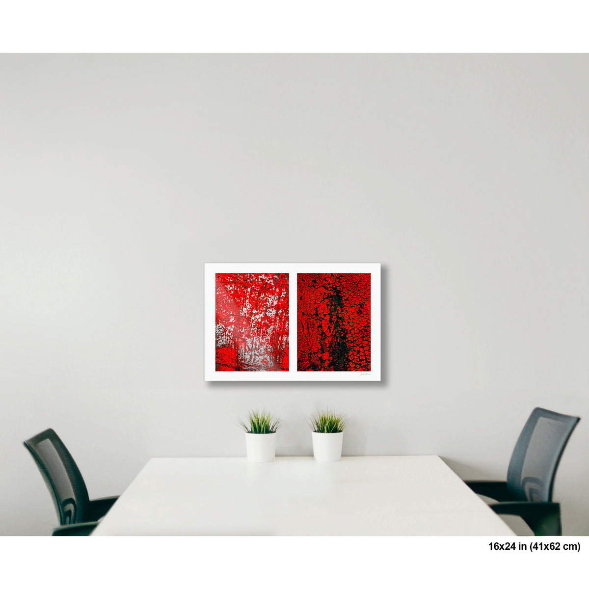 Crackles and Scrapes artwork by Susan Bowen, shown as 16x24 print. Features scratched steel road plate meets cracked and cratered bus lane paint in this intense red-and-black abstract street diptych.