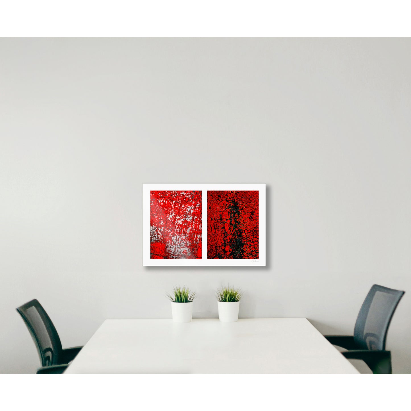 Abstract photographic diptych of highly textured surfaces in red, black, and white.  Example of multi-panel acrylic piece in a hotel setting.