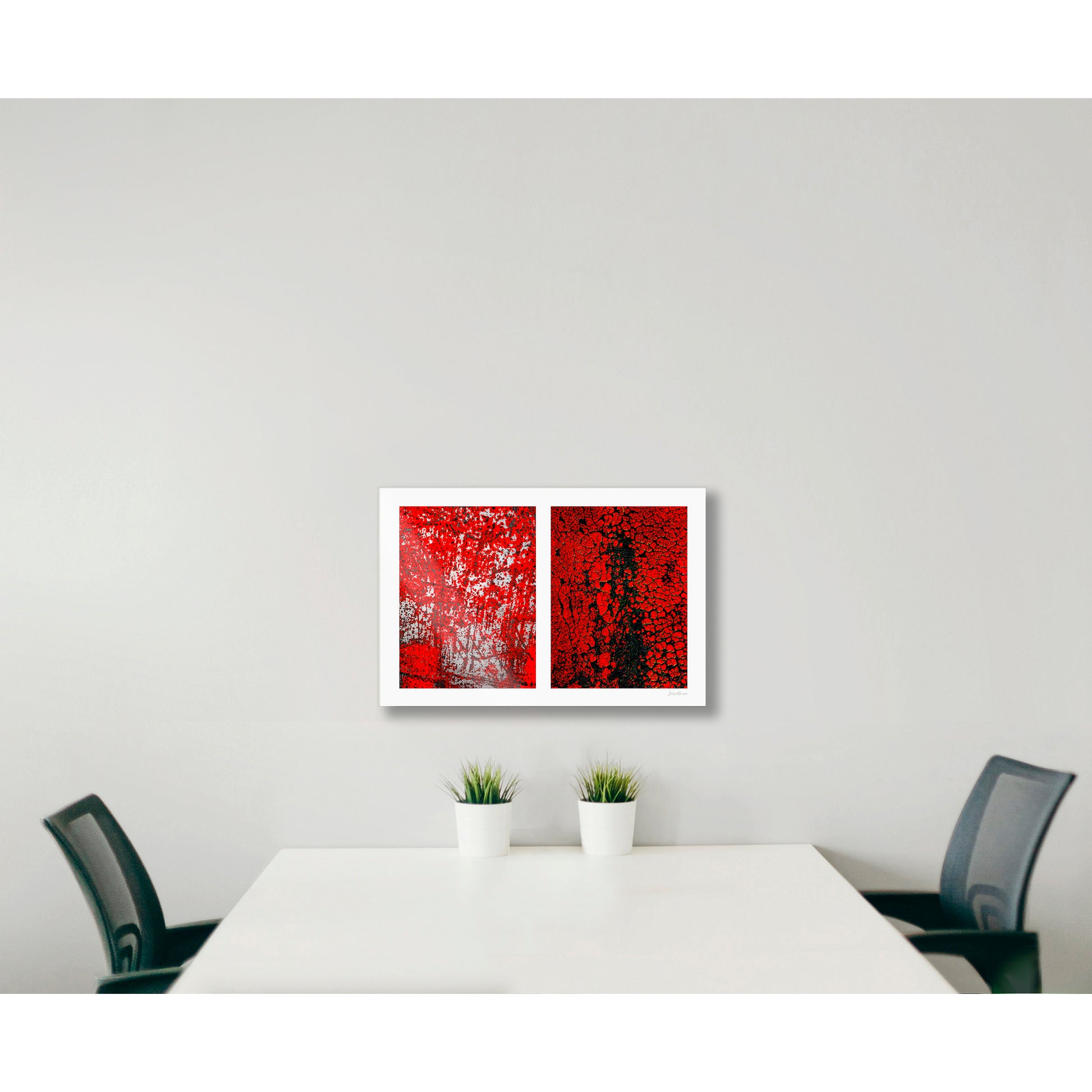 Abstract photographic diptych of highly textured surfaces in red, black, and white.  Example of multi-panel acrylic piece in a hotel setting.