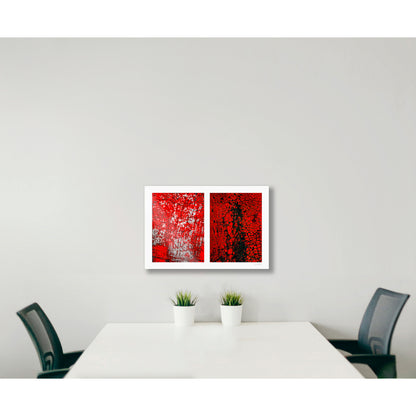 Abstract photographic diptych of highly textured surfaces in red, black, and white.  Example of multi-panel acrylic piece in a hotel setting.