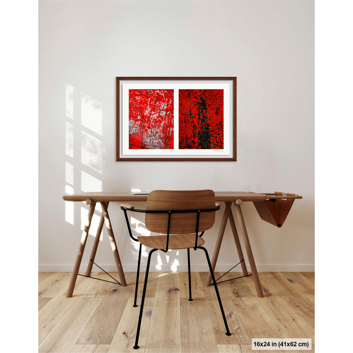 Crackles and Scrapes artwork by Susan Bowen, shown as 16x24 framed print. Features scratched steel road plate meets cracked and cratered bus lane paint in this intense red-and-black abstract street diptych.