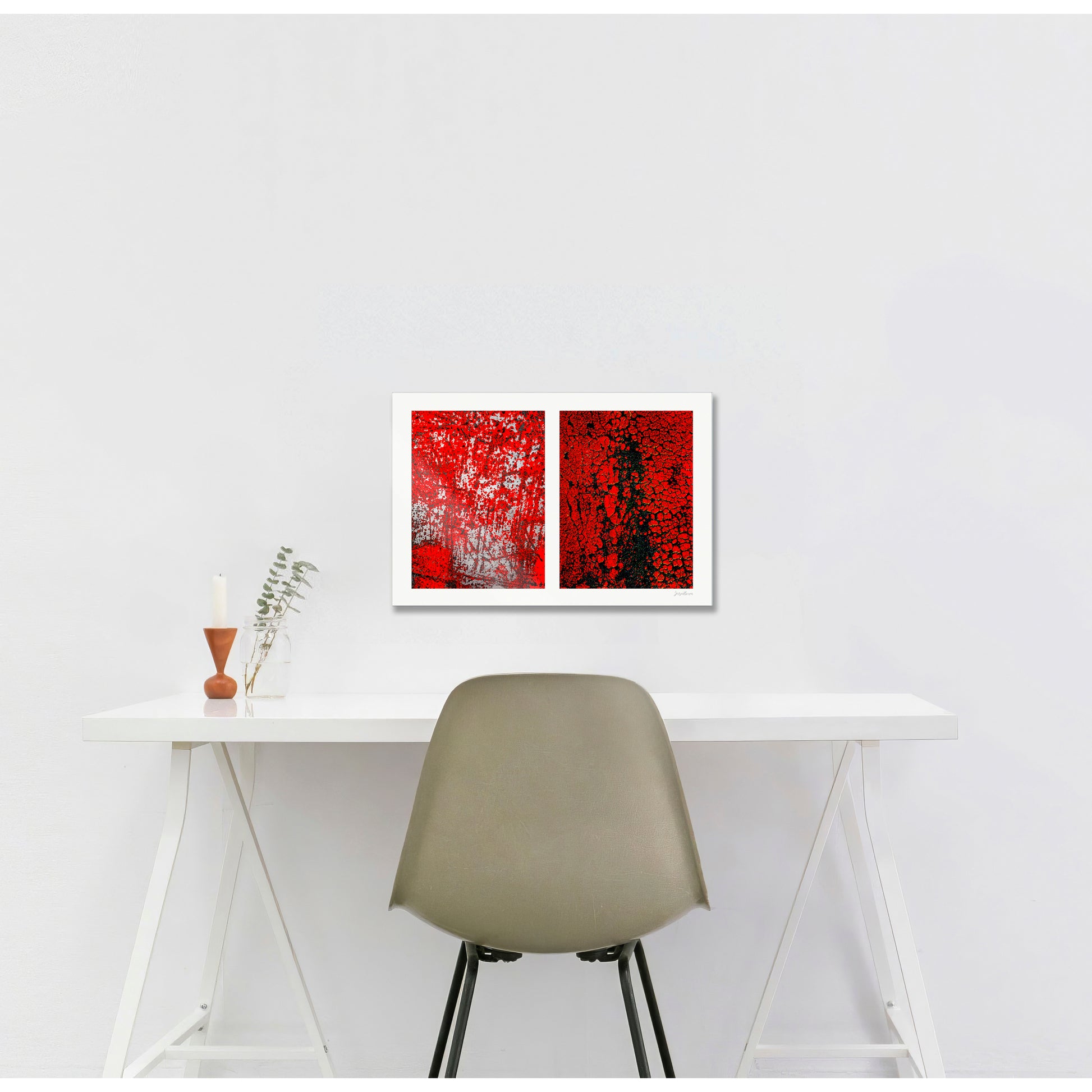 Abstract photographic diptych of highly textured surfaces in red, black, and white.  Example of multi-panel acrylic piece in a lobby setting.