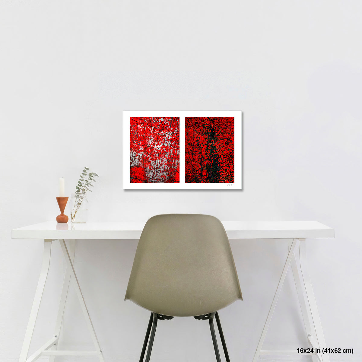 Crackles and Scrapes artwork by Susan Bowen, shown as 16x24 print. Features scratched steel road plate meets cracked and cratered bus lane paint in this intense red-and-black abstract street diptych.