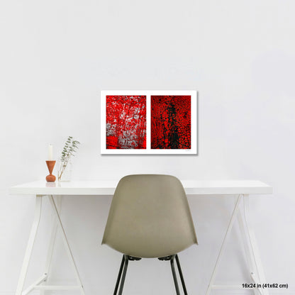 Crackles and Scrapes artwork by Susan Bowen, shown as 16x24 print. Features scratched steel road plate meets cracked and cratered bus lane paint in this intense red-and-black abstract street diptych.