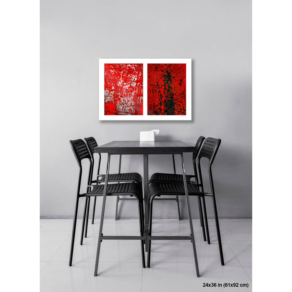 Crackles and Scrapes artwork by Susan Bowen, shown as 24x36 print. Features scratched steel road plate meets cracked and cratered bus lane paint in this intense red-and-black abstract street diptych.