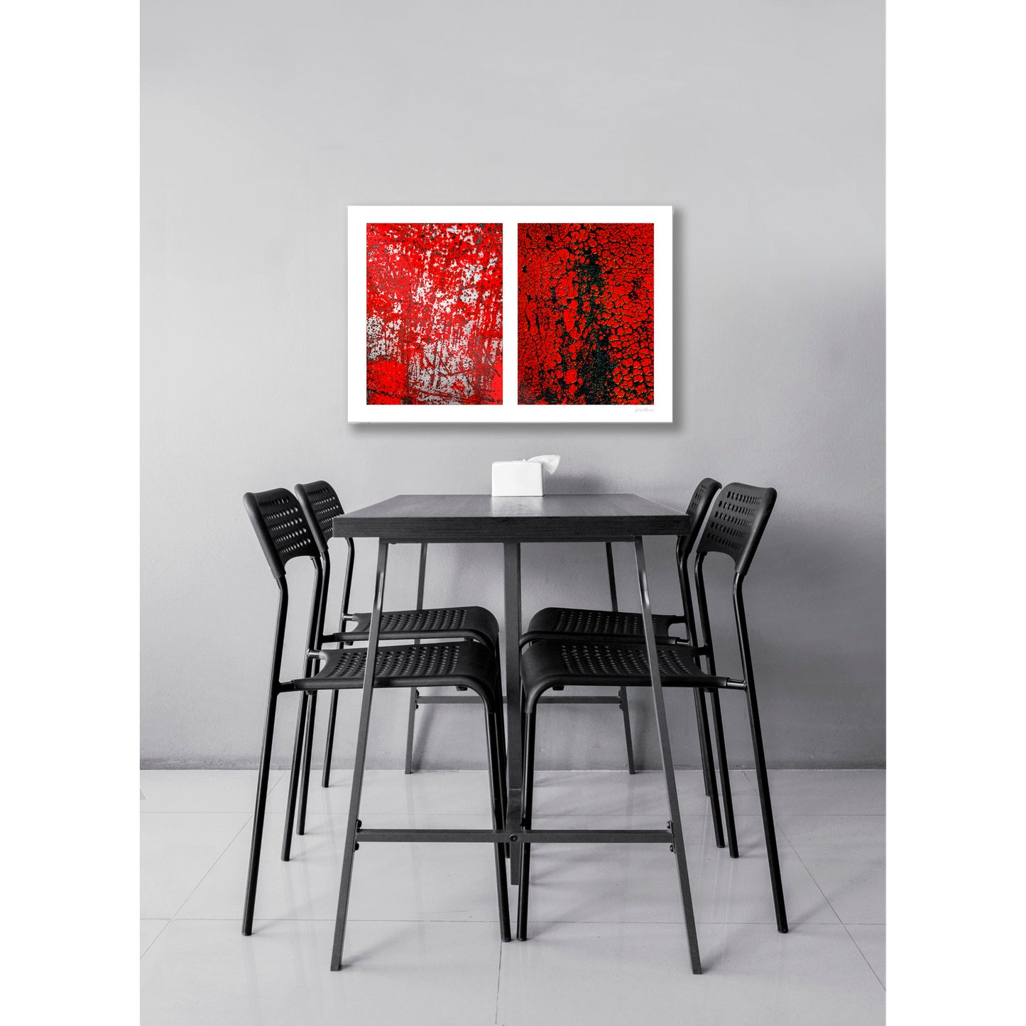 Abstract photographic diptych of highly textured surfaces in red, black, and white.  Example of medium size in acrylic in a restaurant setting.