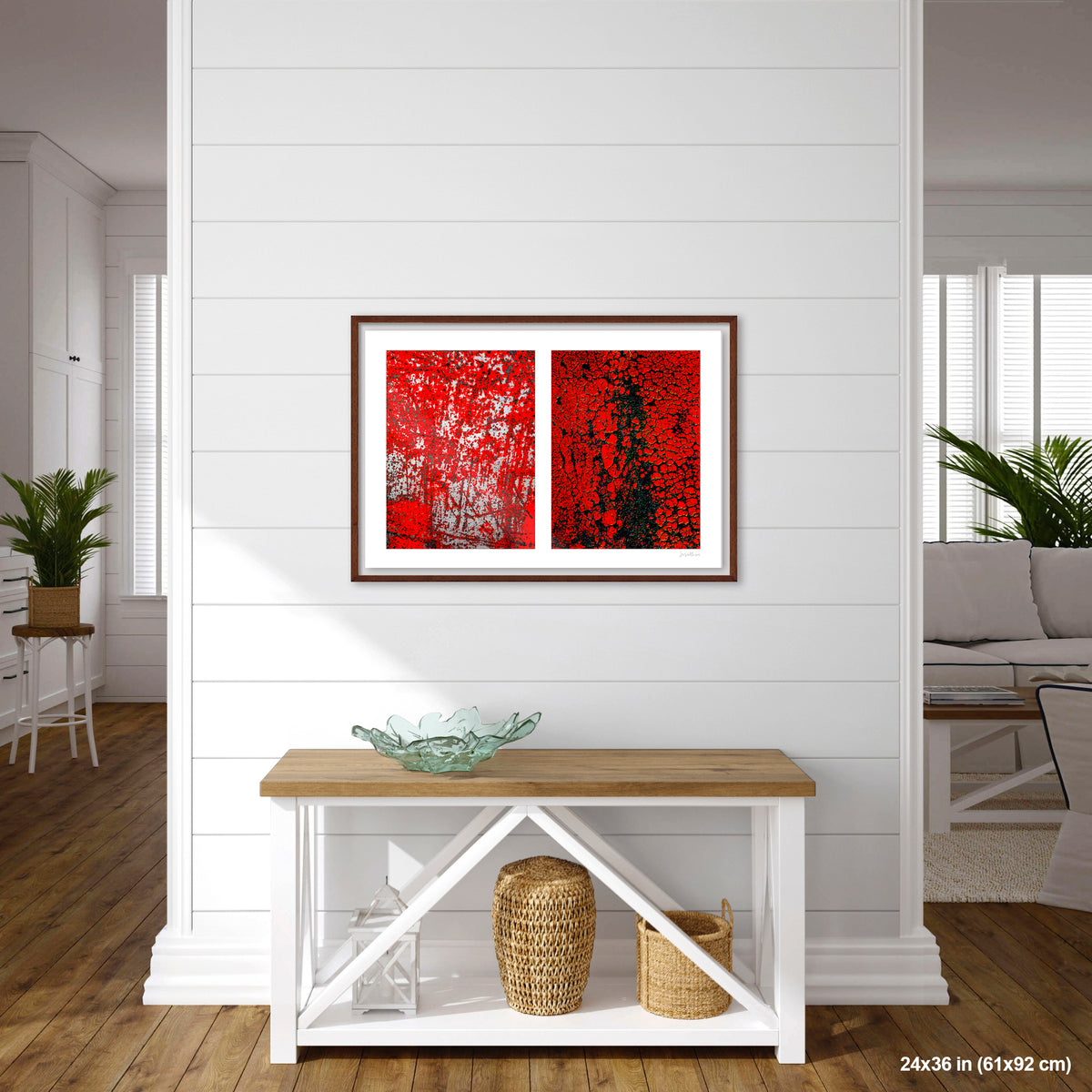 Crackles and Scrapes artwork by Susan Bowen, shown as 24x36 framed print. Features scratched steel road plate meets cracked and cratered bus lane paint in this intense red-and-black abstract street diptych.