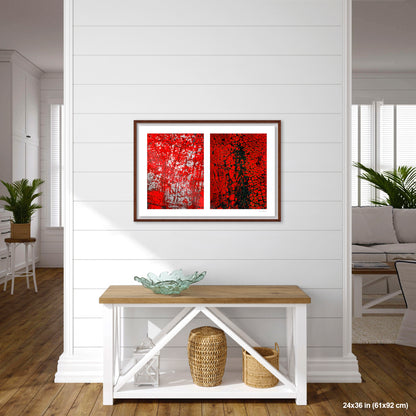 Crackles and Scrapes artwork by Susan Bowen, shown as 24x36 framed print. Features scratched steel road plate meets cracked and cratered bus lane paint in this intense red-and-black abstract street diptych.