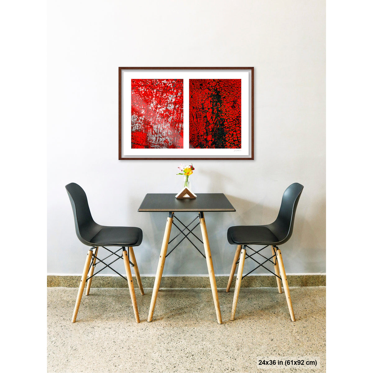 Crackles and Scrapes artwork by Susan Bowen, shown as 24x36 framed print. Features scratched steel road plate meets cracked and cratered bus lane paint in this intense red-and-black abstract street diptych.