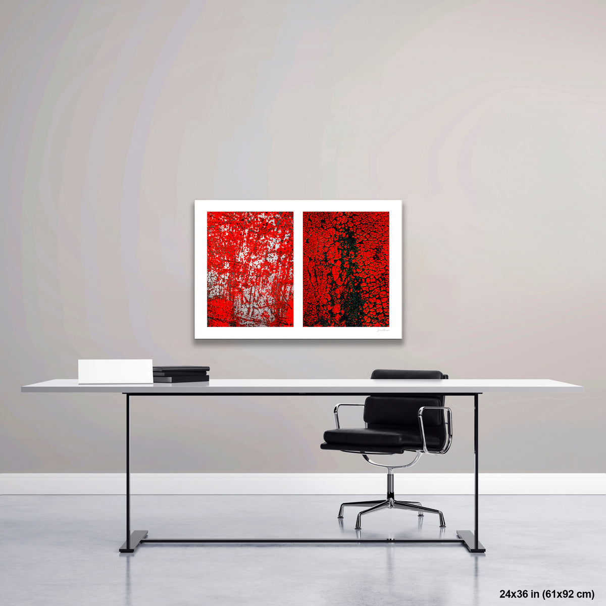 Crackles and Scrapes artwork by Susan Bowen, shown as 24x36 print. Features scratched steel road plate meets cracked and cratered bus lane paint in this intense red-and-black abstract street diptych.