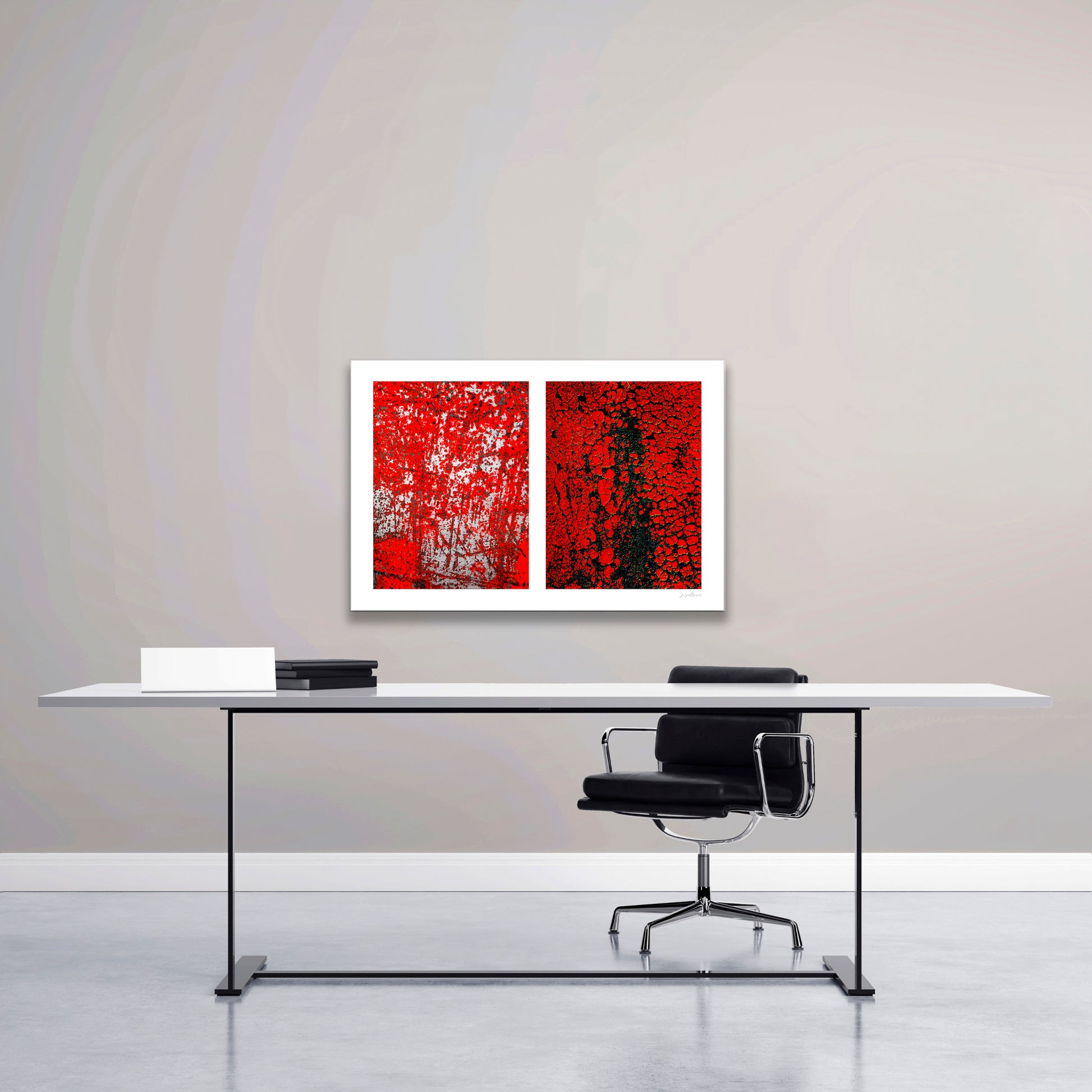 Abstract photographic diptych of highly textured surfaces in red, black, and white.  Example of medium size shown in an office setting.