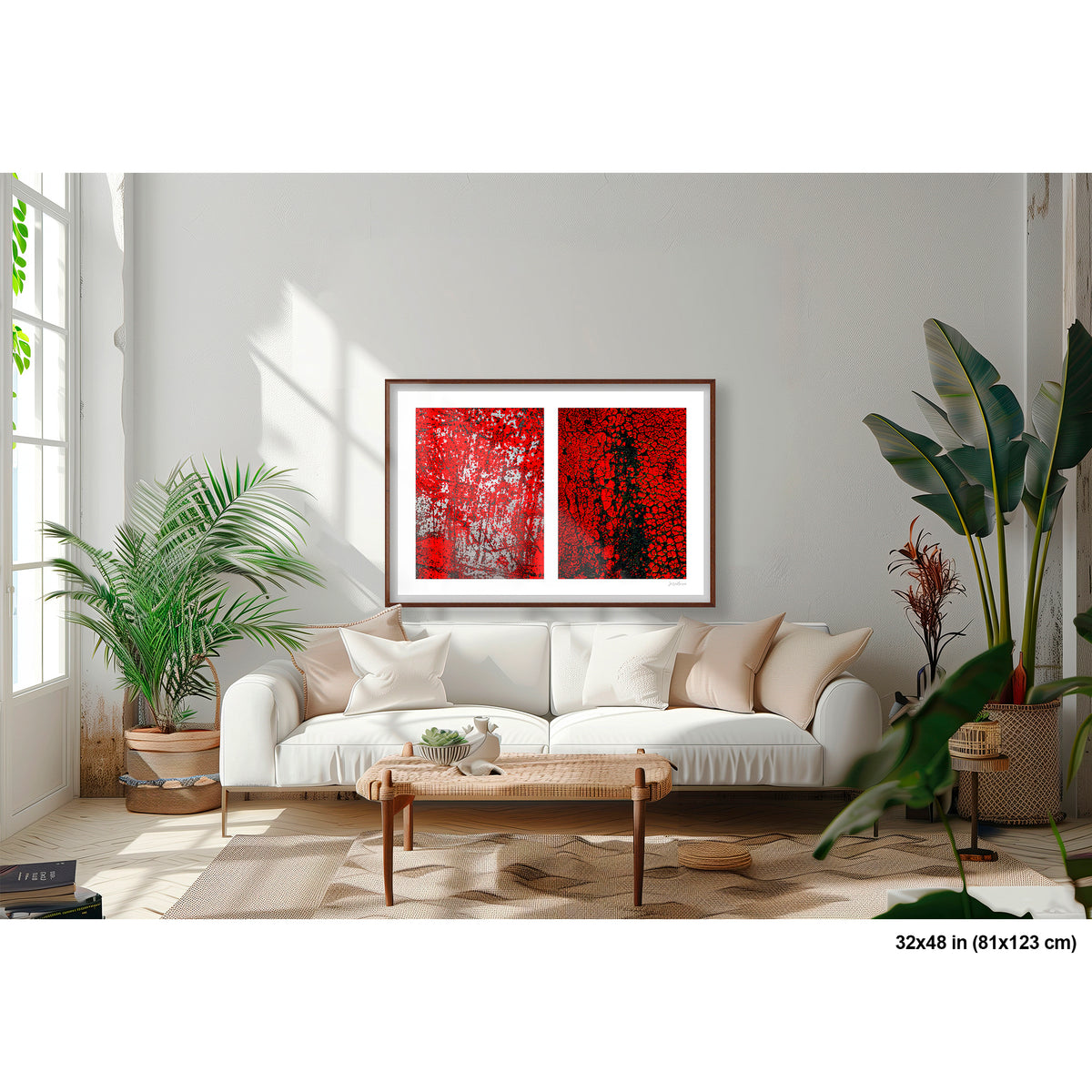 Crackles and Scrapes artwork by Susan Bowen, shown as 32x48 framed print. Features scratched steel road plate meets cracked and cratered bus lane paint in this intense red-and-black abstract street diptych.