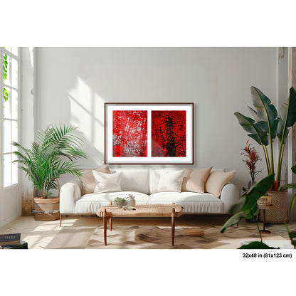 Crackles and Scrapes artwork by Susan Bowen, shown as 32x48 framed print. Features scratched steel road plate meets cracked and cratered bus lane paint in this intense red-and-black abstract street diptych.