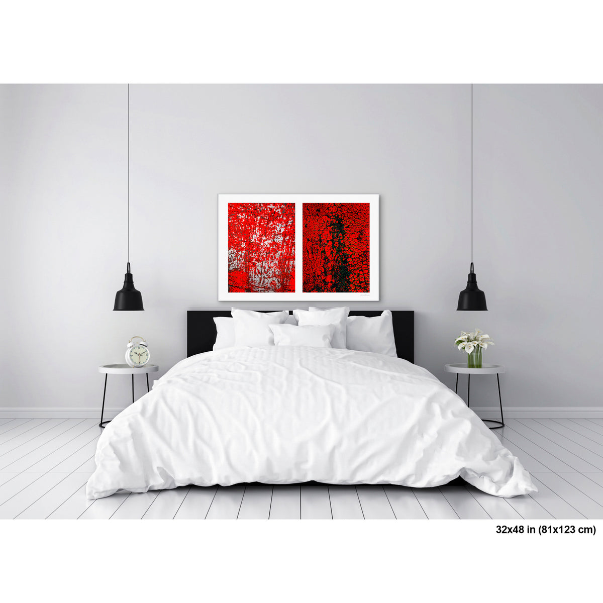 Crackles and Scrapes artwork by Susan Bowen, shown as 32x48 print. Features scratched steel road plate meets cracked and cratered bus lane paint in this intense red-and-black abstract street diptych.