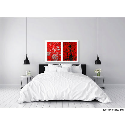 Crackles and Scrapes artwork by Susan Bowen, shown as 32x48 print. Features scratched steel road plate meets cracked and cratered bus lane paint in this intense red-and-black abstract street diptych.