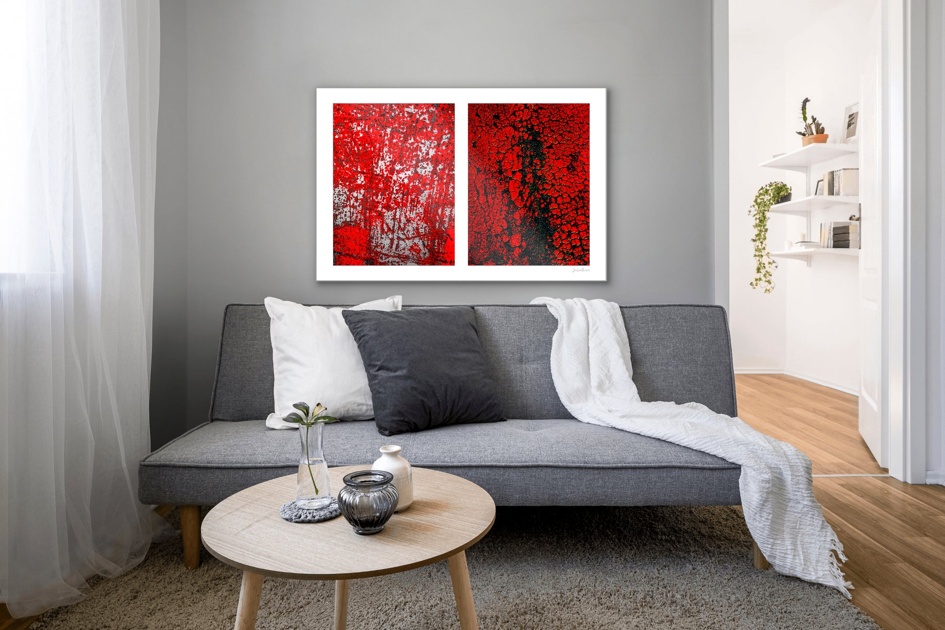Abstract photographic diptych of highly textured surfaces in red, black, and white.  Example of medium size in acrylic in a residential setting.