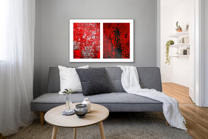 Abstract photographic diptych of highly textured surfaces in red, black, and white.  Example of medium size in acrylic in a residential setting.