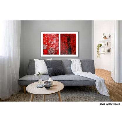 Crackles and Scrapes artwork by Susan Bowen, shown as 32x48 print. Features scratched steel road plate meets cracked and cratered bus lane paint in this intense red-and-black abstract street diptych.