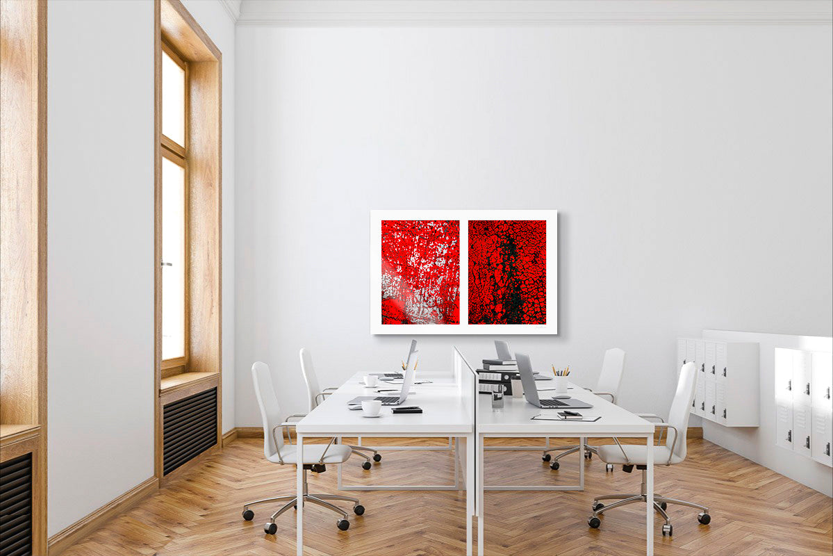 Abstract photographic diptych of highly textured surfaces in red, black, and white.  Example of large size in acrylic in an office setting.