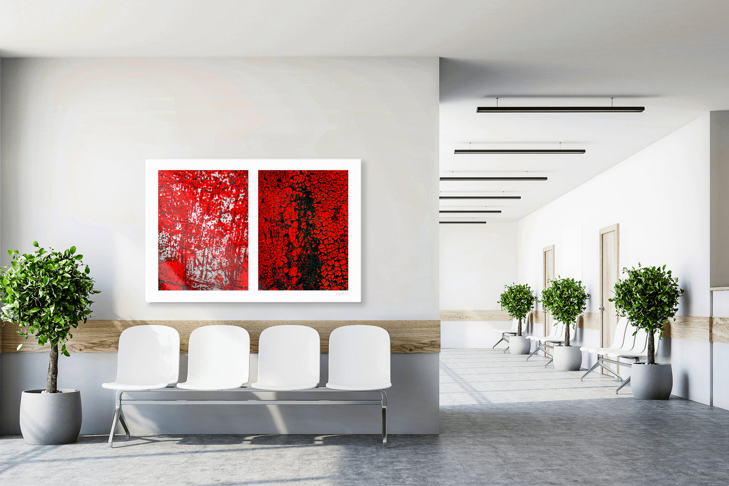 Abstract photographic diptych of highly textured surfaces in red, black, and white.  Example of large size in acrylic in a lobby setting.