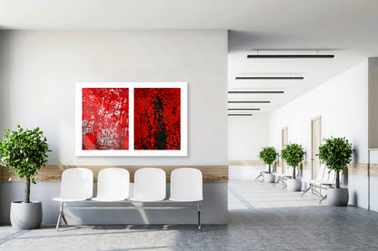 Abstract photographic diptych of highly textured surfaces in red, black, and white.  Example of large size in acrylic in a lobby setting.