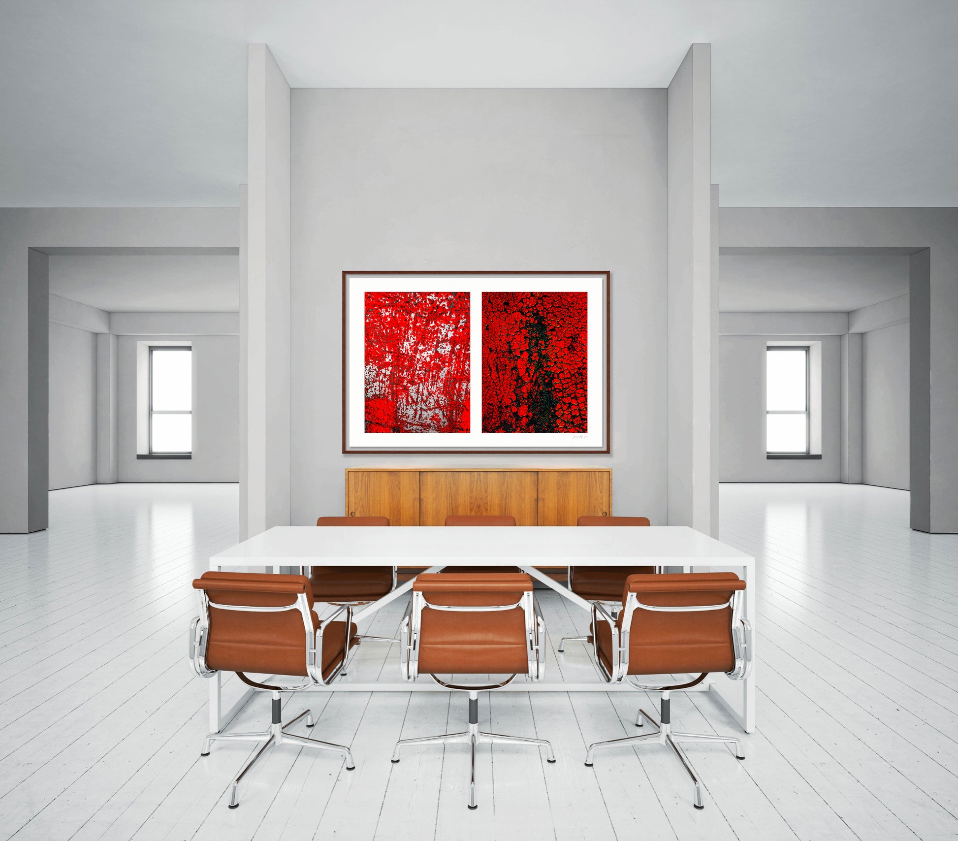 Abstract photographic diptych of highly textured surfaces in red, black, and white.  Example of large size framed in walnut in conference room.